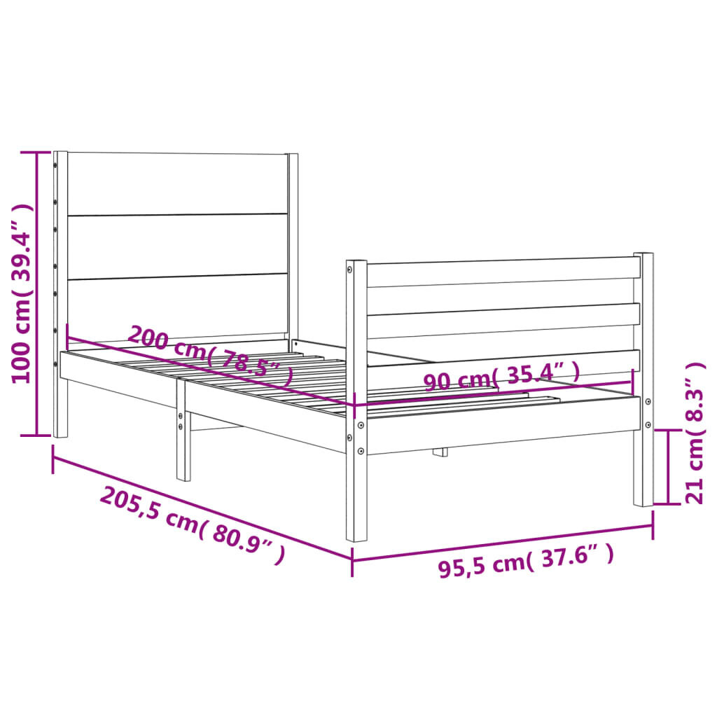 vidaXL gultas rāmis ar galvgali, pelēks, masīvkoks, 90x200 cm cena un informācija | Gultas | 220.lv