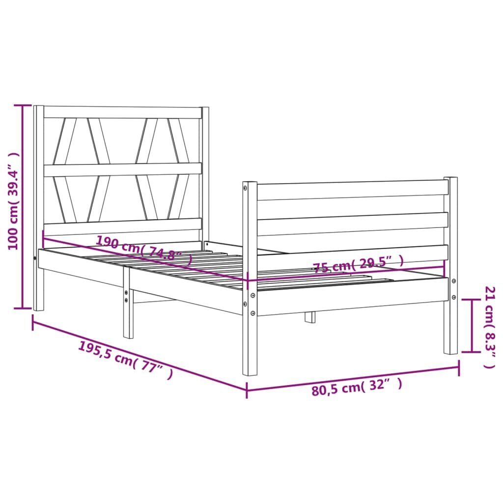 vidaXL gultas rāmis ar galvgali, 2FT6, vienvietīgs, masīvkoks цена и информация | Gultas | 220.lv