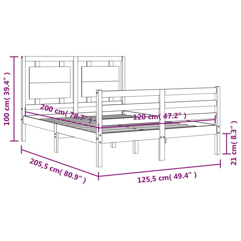 vidaXL gultas rāmis ar galvgali, 120x200 cm, masīvkoks cena un informācija | Gultas | 220.lv