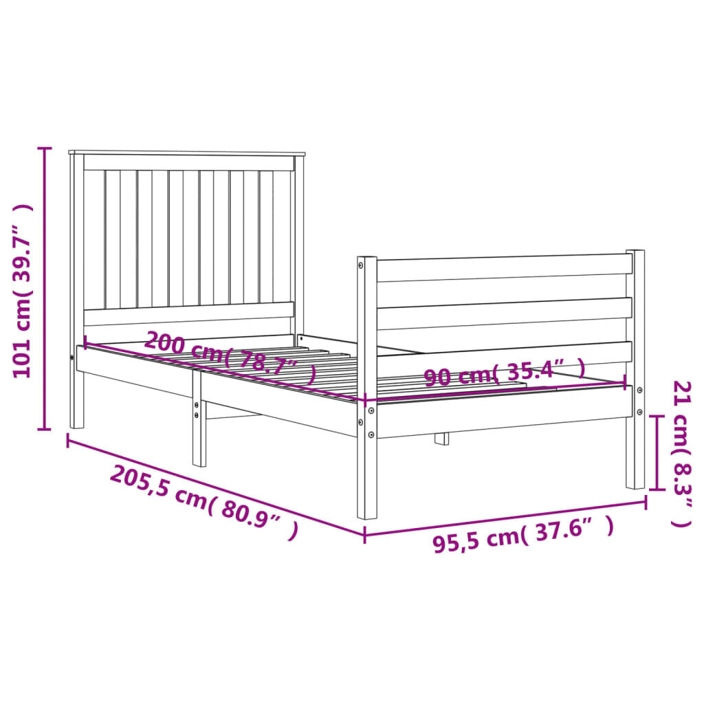 vidaXL gultas rāmis ar galvgali, balts, masīvkoks, 90x200 cm цена и информация | Gultas | 220.lv