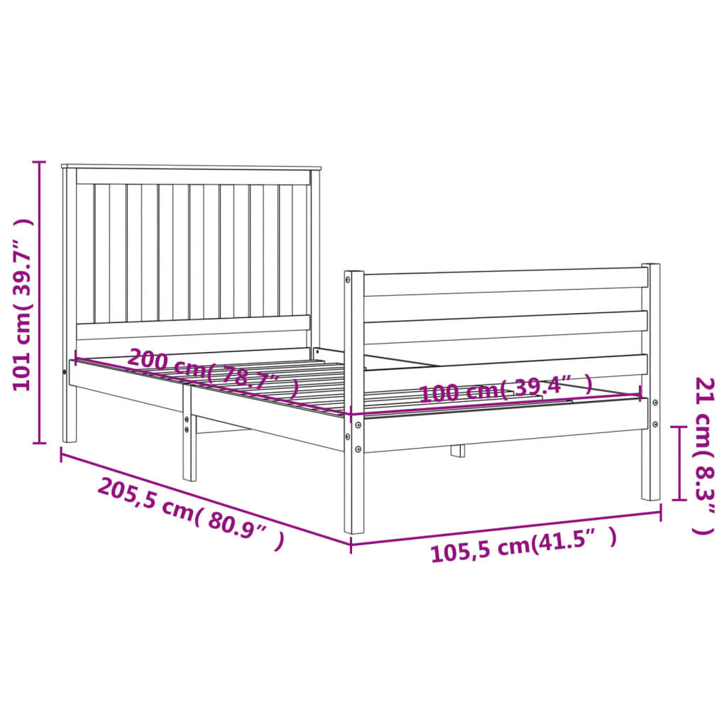 vidaXL gultas rāmis ar galvgali, 100x200 cm, masīvkoks цена и информация | Gultas | 220.lv