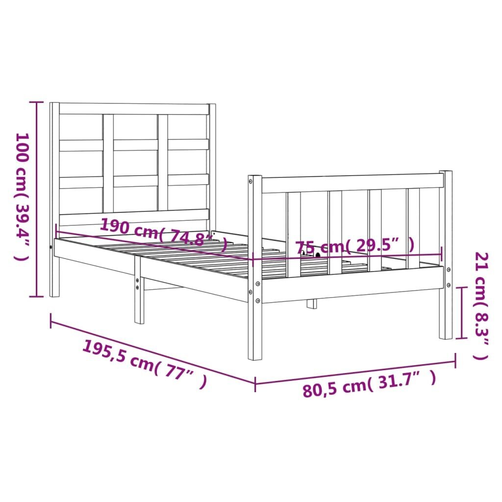 vidaXL gultas rāmis ar galvgali, 2FT6, vienvietīgs, masīvkoks cena un informācija | Gultas | 220.lv