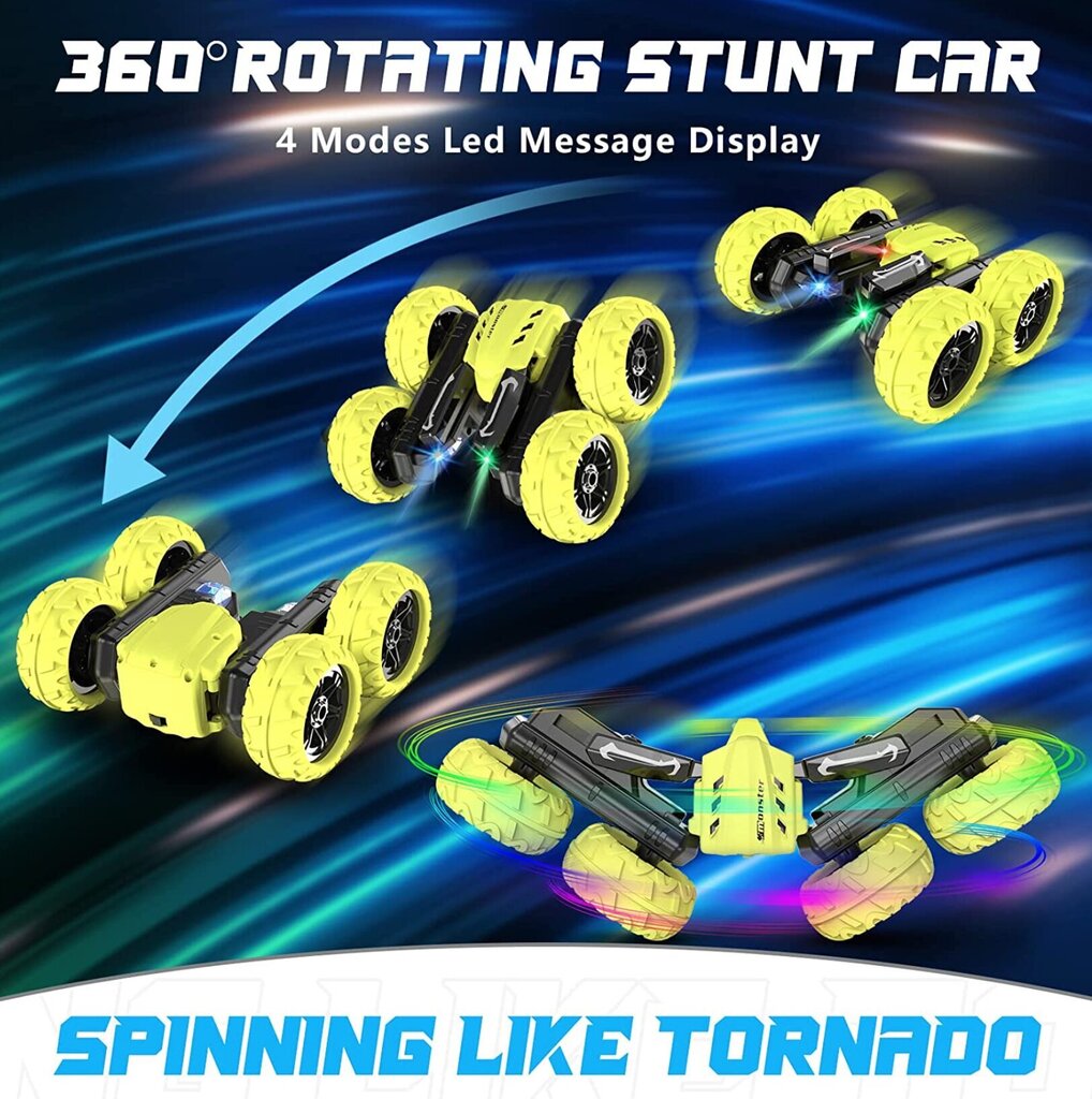 RC triku sacīkšu auto visurgājējs ar LED apgaismojumu un 3D teksta projektoru Tornado Stunt Car cena un informācija | Rotaļlietas zēniem | 220.lv