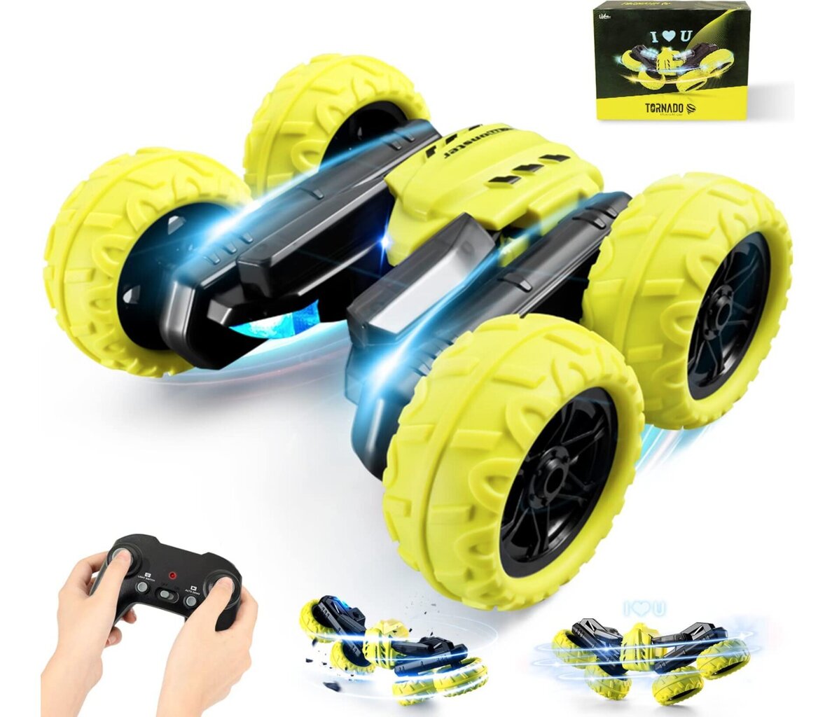 RC triku sacīkšu auto visurgājējs ar LED apgaismojumu un 3D teksta projektoru Tornado Stunt Car cena un informācija | Rotaļlietas zēniem | 220.lv