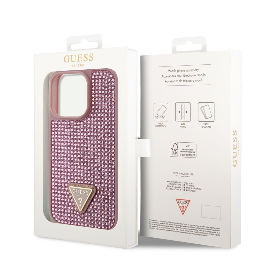 Guess Rhinestones Triangle Metal Logo Case for iPhone 14 Pro Pink цена и информация | Telefonu vāciņi, maciņi | 220.lv