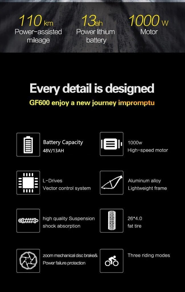 Elektriskais velosipēds GOGOBEST GF600, melns/dzeltens, 1000W, 13Ah cena un informācija | Elektrovelosipēdi | 220.lv