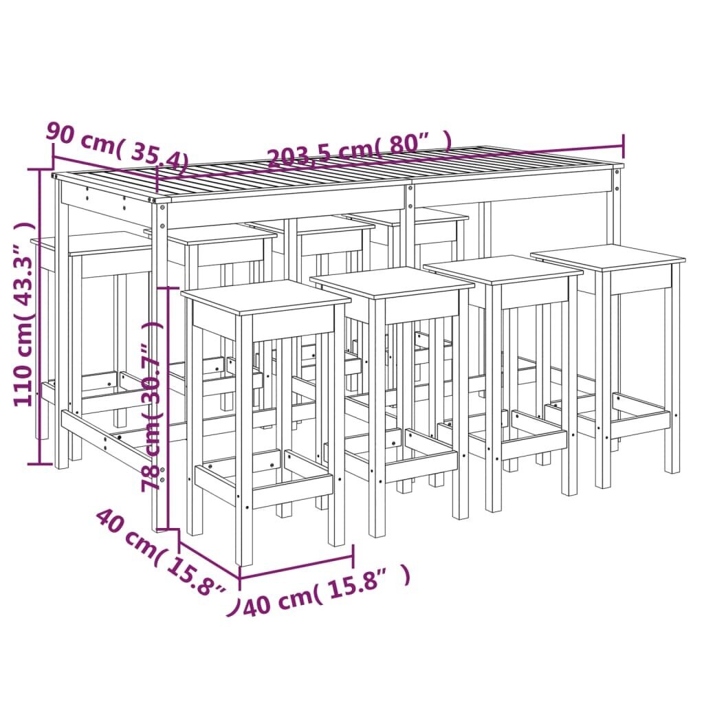 vidaXL 9-daļīgs dārza bāra mēbeļu komplekts, priedes masīvkoks, balts цена и информация | Dārza mēbeļu komplekti | 220.lv