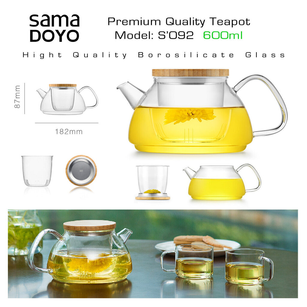 SAMADOYO Premium klases Tējkanna ar stikla filtru, S092, Premium Quality Teapot, 600 ml cena un informācija | Glāzes, krūzes, karafes | 220.lv