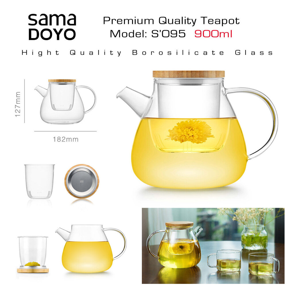 SAMADOYO Premium klases Tējkanna ar stikla filtru, S095, Premium Quality Teapot, 900 ml цена и информация | Glāzes, krūzes, karafes | 220.lv