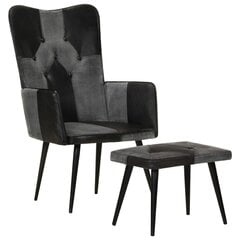 Krēsls ar kāju balstu, melnā krāsā, īsta āda un audekls cena un informācija | Atpūtas krēsli | 220.lv