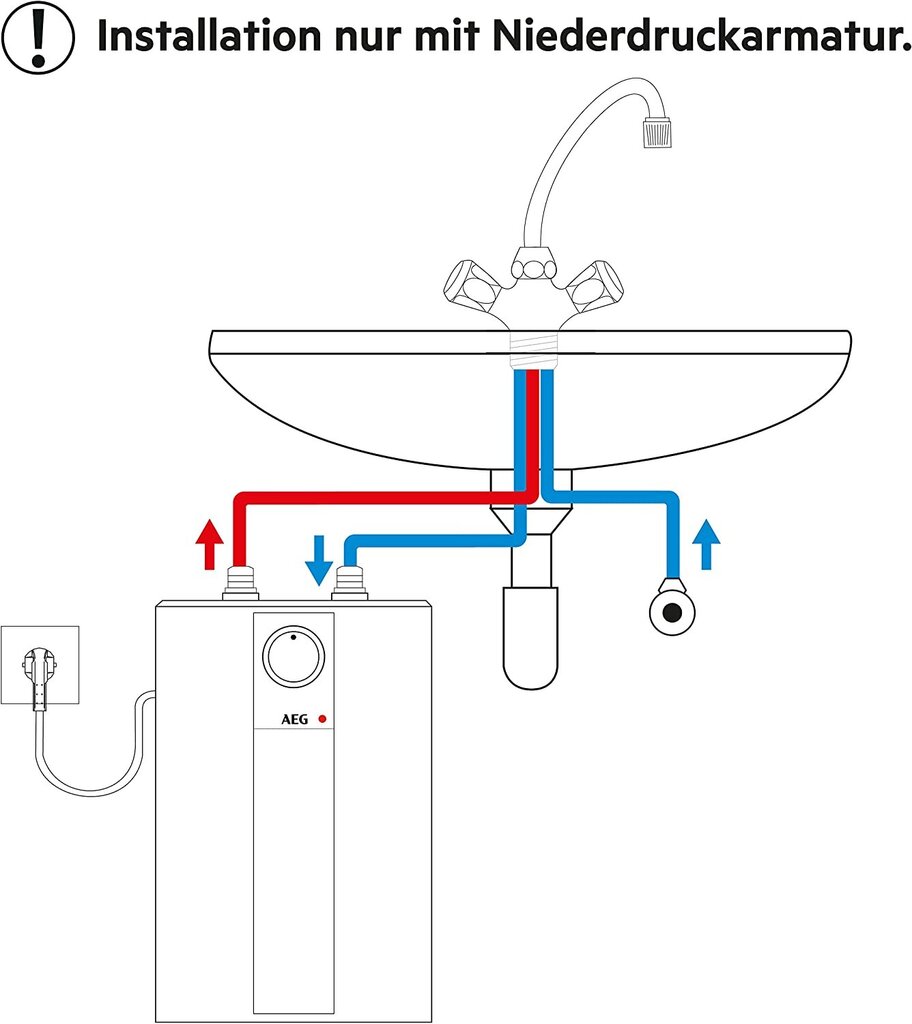 Boilers 5 l/2kW, bezspiediena - novietojams zem izlietnes, A klase, AEG HUZ 5 ÖKO Comfort ar bezspiediena trīs virzienu jaucējkrānu, hroma cena un informācija | Ūdens sildītāji | 220.lv