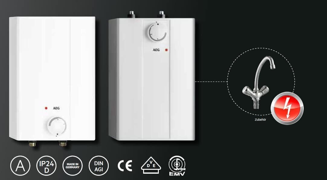 Boilers 5 l/2kW, bezspiediena - novietojams zem izlietnes, A klase, AEG HUZ 5 ÖKO Comfort ar zema spiediena izlietnes jaucējkrānu cena un informācija | Ūdens sildītāji | 220.lv