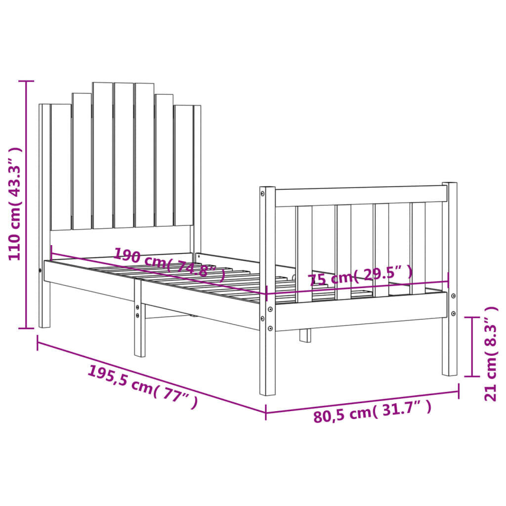 vidaXL gultas rāmis ar galvgali, 2FT6, vienvietīgs, masīvkoks, melns цена и информация | Gultas | 220.lv