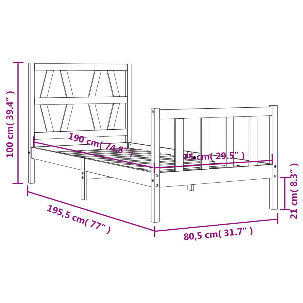 vidaXL gultas rāmis ar galvgali, 2FT6, vienvietīgs, masīvkoks, melns cena un informācija | Gultas | 220.lv