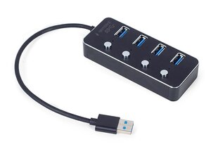 Adapteris Gembird UHB-U3P4P-01 USB 3.1 (Gen 1) ar barošanu 4 portu centrmezgls ar slēdžiem, melns цена и информация | Адаптеры и USB разветвители | 220.lv