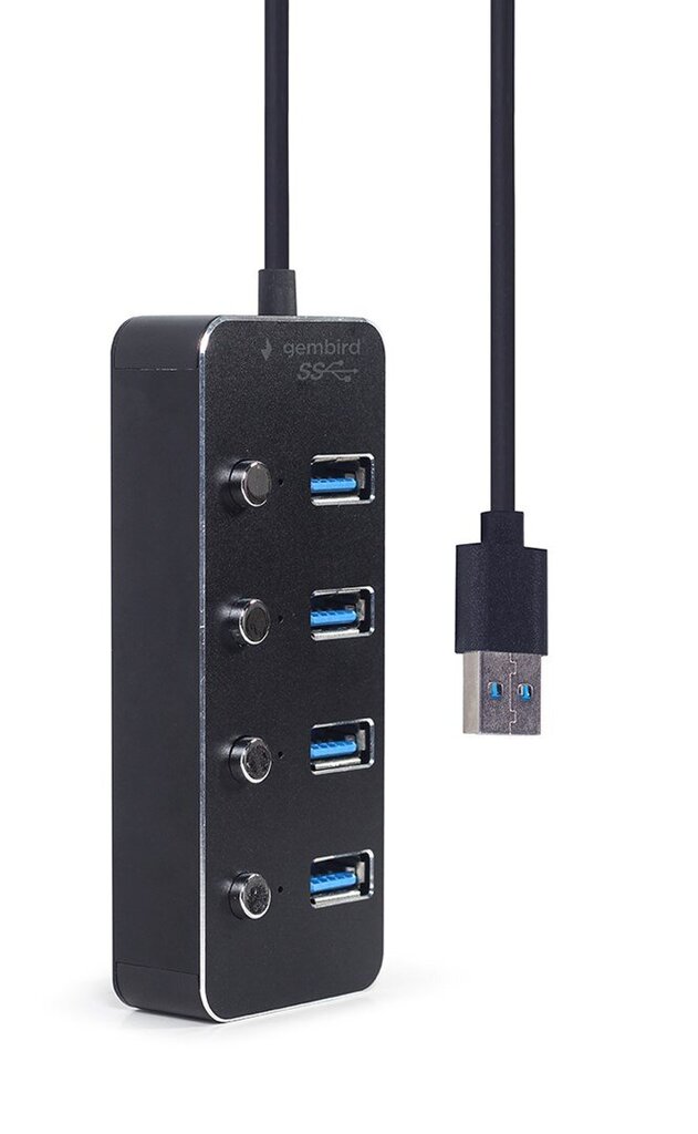 Adapteris Gembird UHB-U3P4P-01 USB 3.1 (Gen 1) ar barošanu 4 portu centrmezgls ar slēdžiem, melns cena un informācija | Adapteri un USB centrmezgli | 220.lv