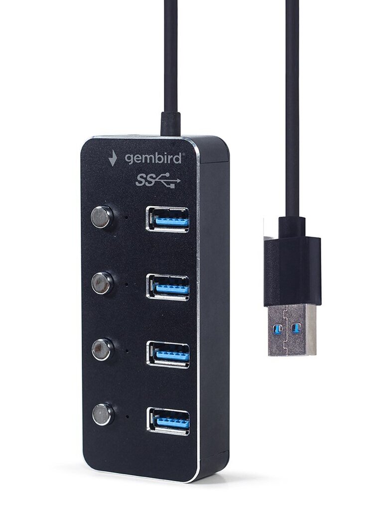 Adapteris Gembird UHB-U3P4P-01 USB 3.1 (Gen 1) ar barošanu 4 portu centrmezgls ar slēdžiem, melns цена и информация | Adapteri un USB centrmezgli | 220.lv