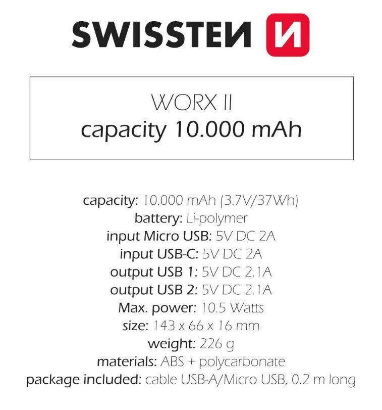 Swissten Worx II 10000 mAh cena un informācija | Lādētāji-akumulatori (Power bank) | 220.lv