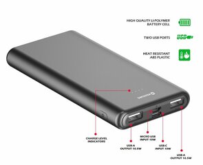 swissten, power bank, worx ii, li-pol, 5 v, зарядка мобильного телефона, 22013960, 10000 mah, microusb, 2x usb-a, usb-c, черный цена и информация | Зарядные устройства Power bank | 220.lv