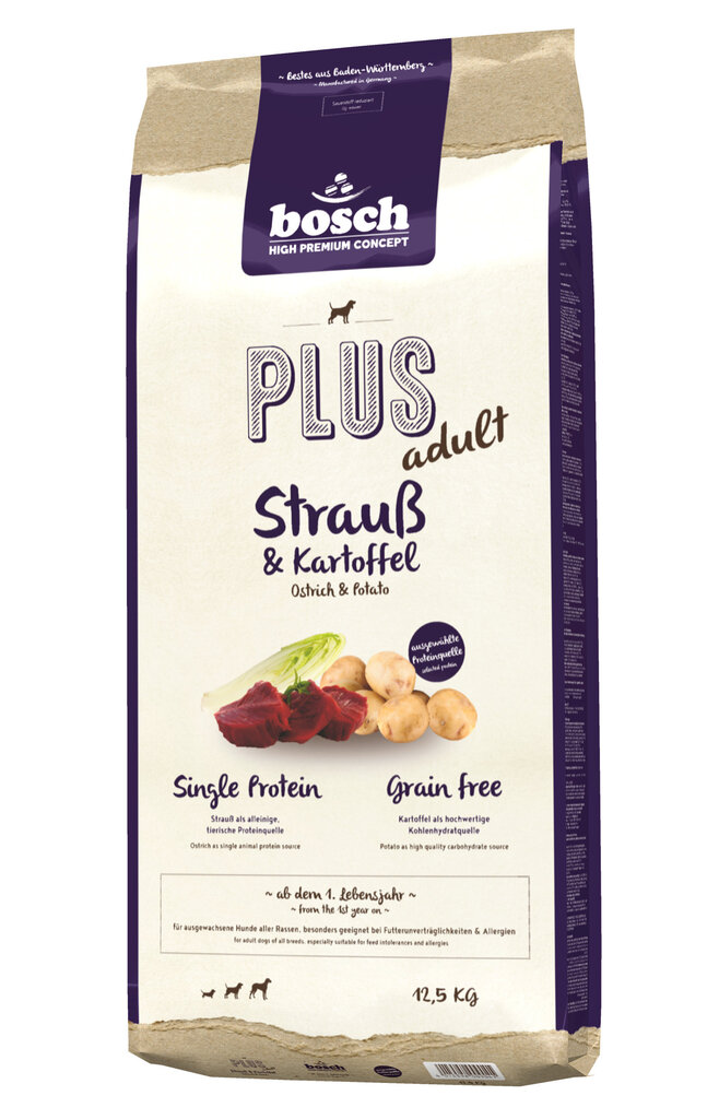 Bosch Petfood Plus HPC+ Ostrich bez graudaugiem (viena olbaltumviela), 12,5 kg cena un informācija | Sausā barība suņiem | 220.lv