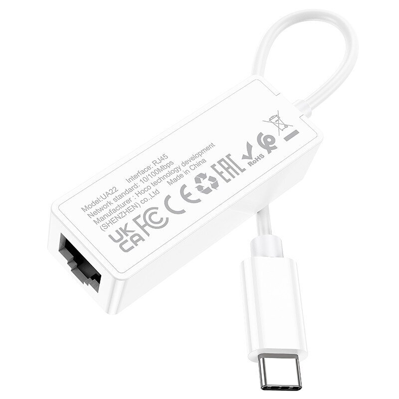 Audio pārveidotājs Hoco UA22 Type-C to RJ45 100 Mbp, balts цена и информация | Adapteri un USB centrmezgli | 220.lv