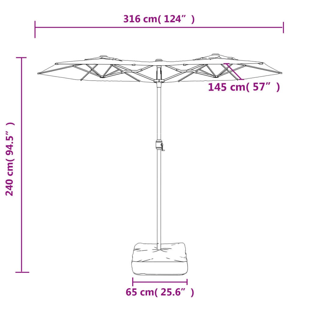 vidaXL saulessargs ar 2 jumtiņiem un LED, smilšu balts, 316x240 cm cena un informācija | Saulessargi, markīzes un statīvi | 220.lv