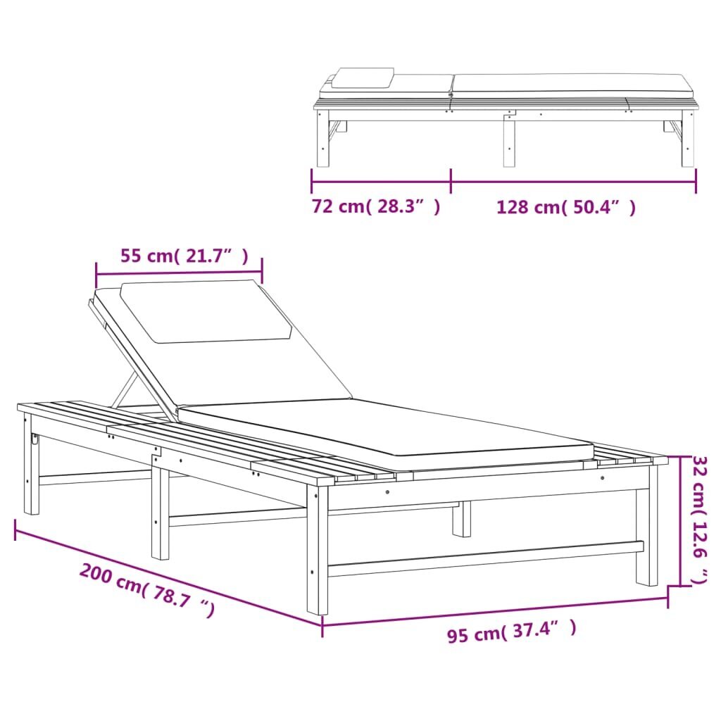 vidaXL sauļošanās zvilnis ar matraci un spilvenu, akācijas masīvkoks cena un informācija | Sauļošanās krēsli | 220.lv
