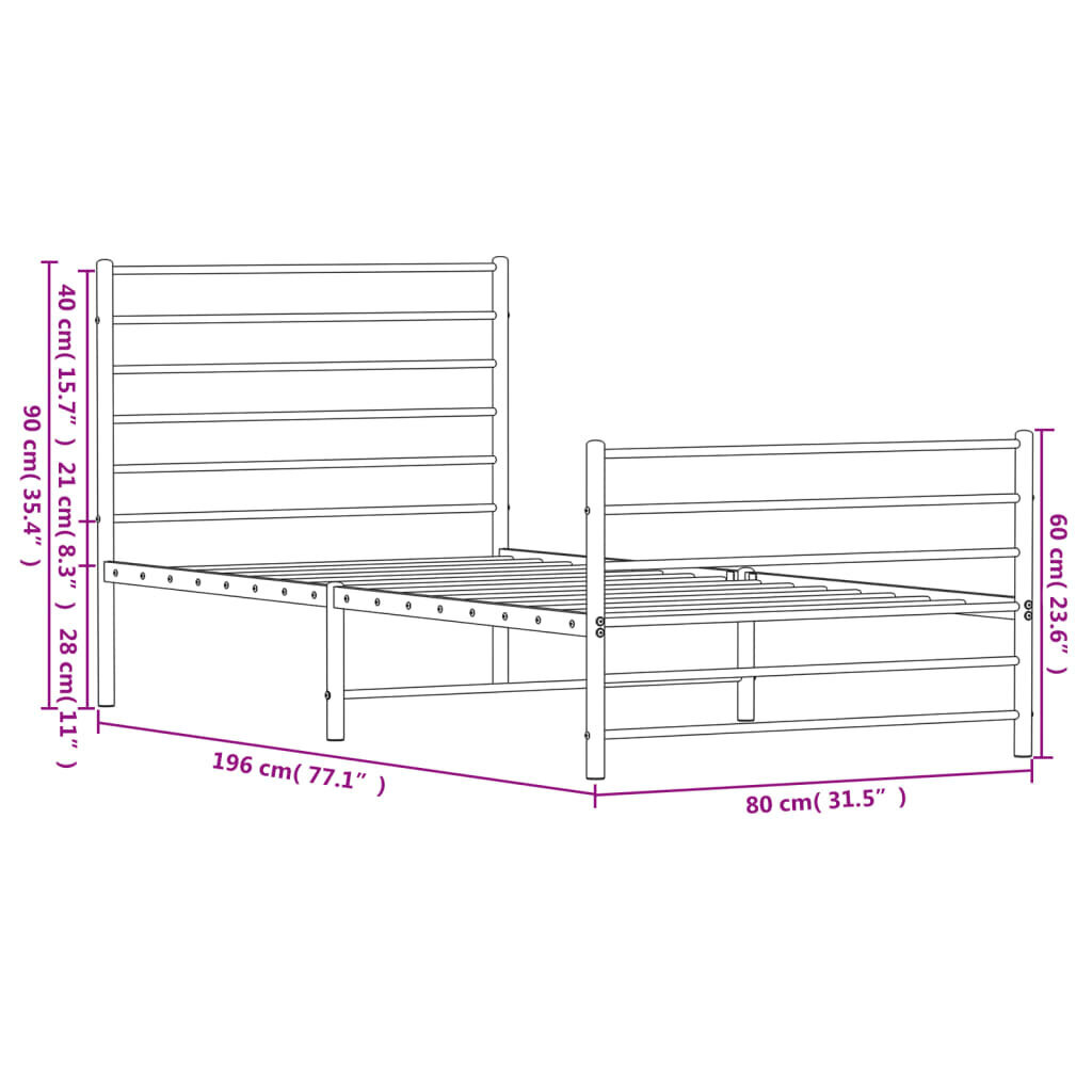 vidaXL gultas rāmis ar galvgali un kājgali, balts metāls, 75x190 cm cena un informācija | Gultas | 220.lv