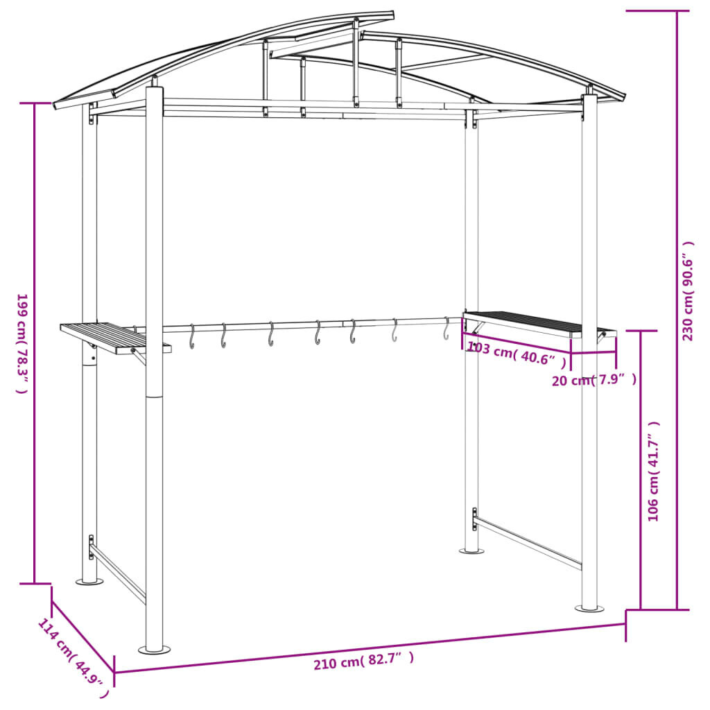 vidaXL grila nojume ar sānu plauktiem, 210x114x230 cm, tērauds, pelēka cena un informācija | Dārza nojumes un lapenes | 220.lv