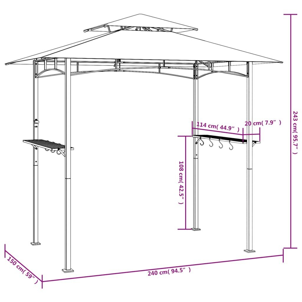 vidaXL grila nojume ar sānu plauktiem, 240x150x243 cm, tērauds, pelēka цена и информация | Dārza nojumes un lapenes | 220.lv