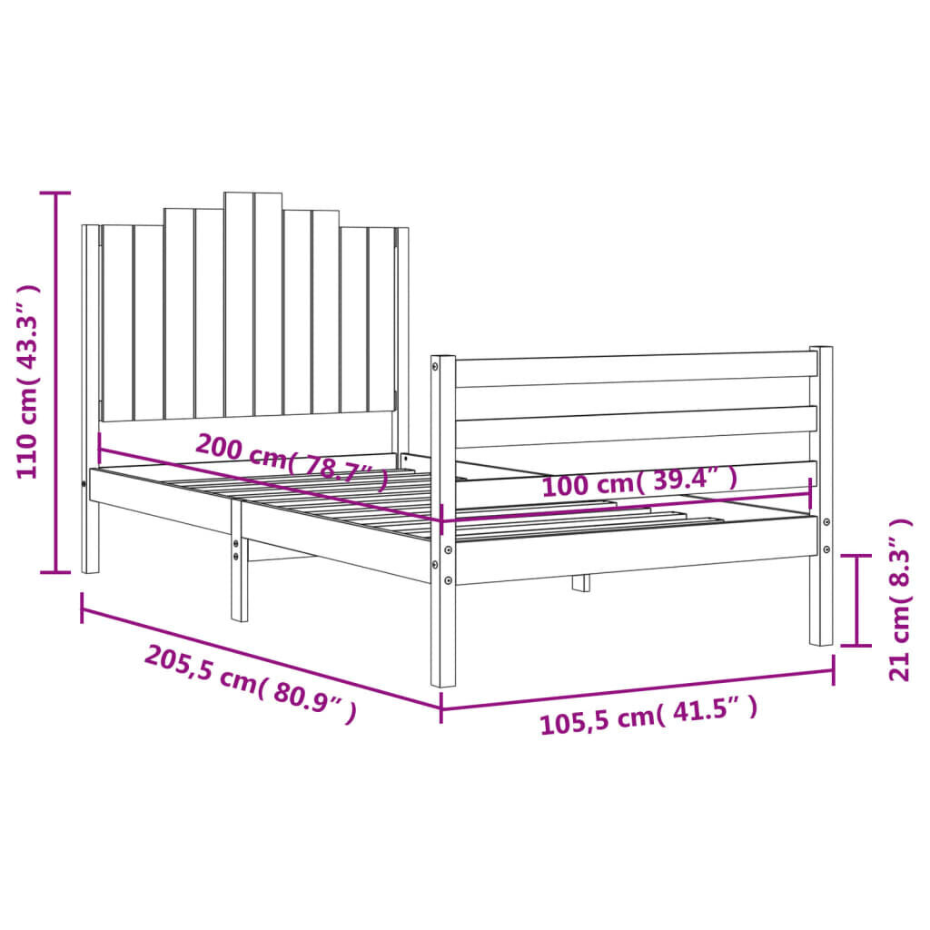 vidaXL gultas rāmis ar galvgali, 100x200 cm, masīvkoks, balts cena un informācija | Gultas | 220.lv