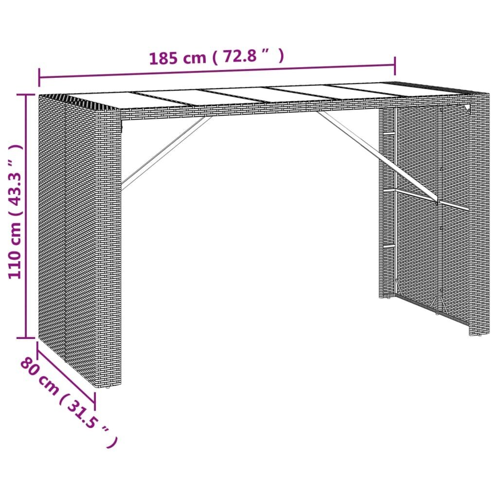 vidaXL bāra galds, stikla virsma, melns, 185x80x110 cm, PE rotangpalma cena un informācija | Dārza galdi | 220.lv