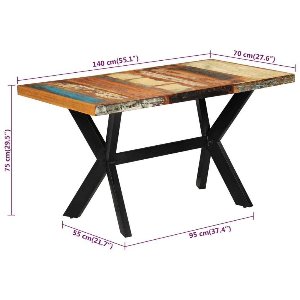 vidaXL virtuves galds, 140x70x75 cm, pārstrādāts masīvkoks cena un informācija | Virtuves galdi, ēdamgaldi | 220.lv