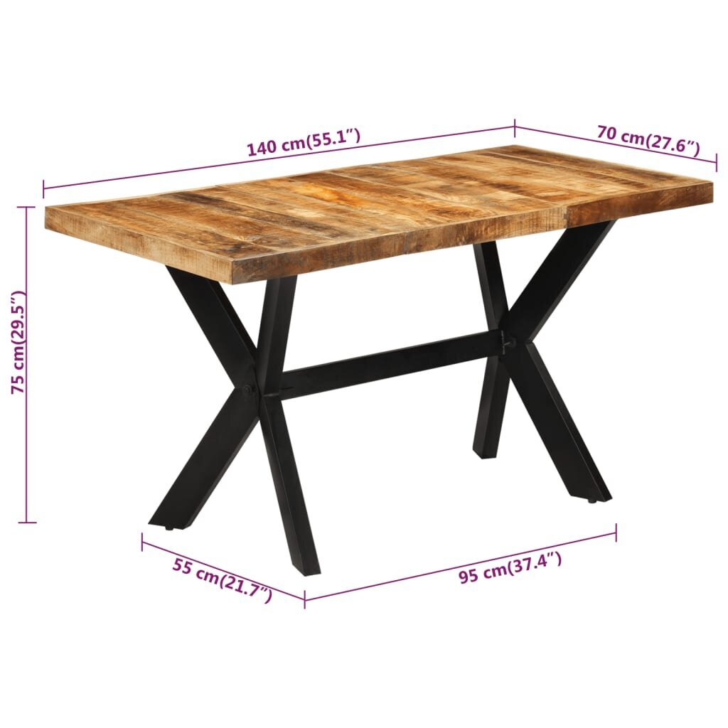 vidaXL virtuves galds, 140x70x75 cm, neapstrādāts mango masīvkoks cena un informācija | Virtuves galdi, ēdamgaldi | 220.lv