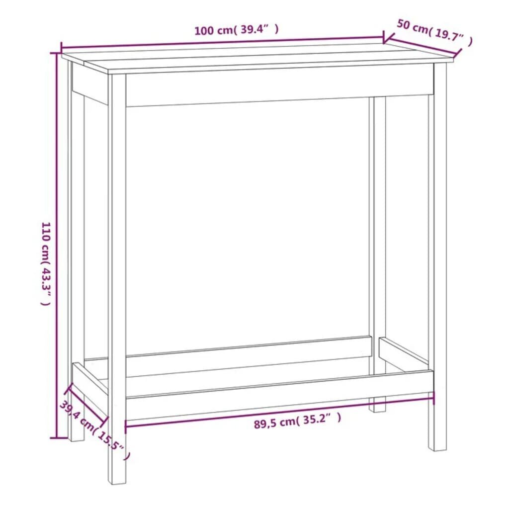 vidaXL bāra galds, 100x50x110 cm, priedes masīvkoks цена и информация | Virtuves galdi, ēdamgaldi | 220.lv