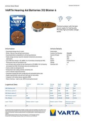 Elementi dzirdes aparātiem 312 VARTA 60 gab cena un informācija | Baterijas | 220.lv