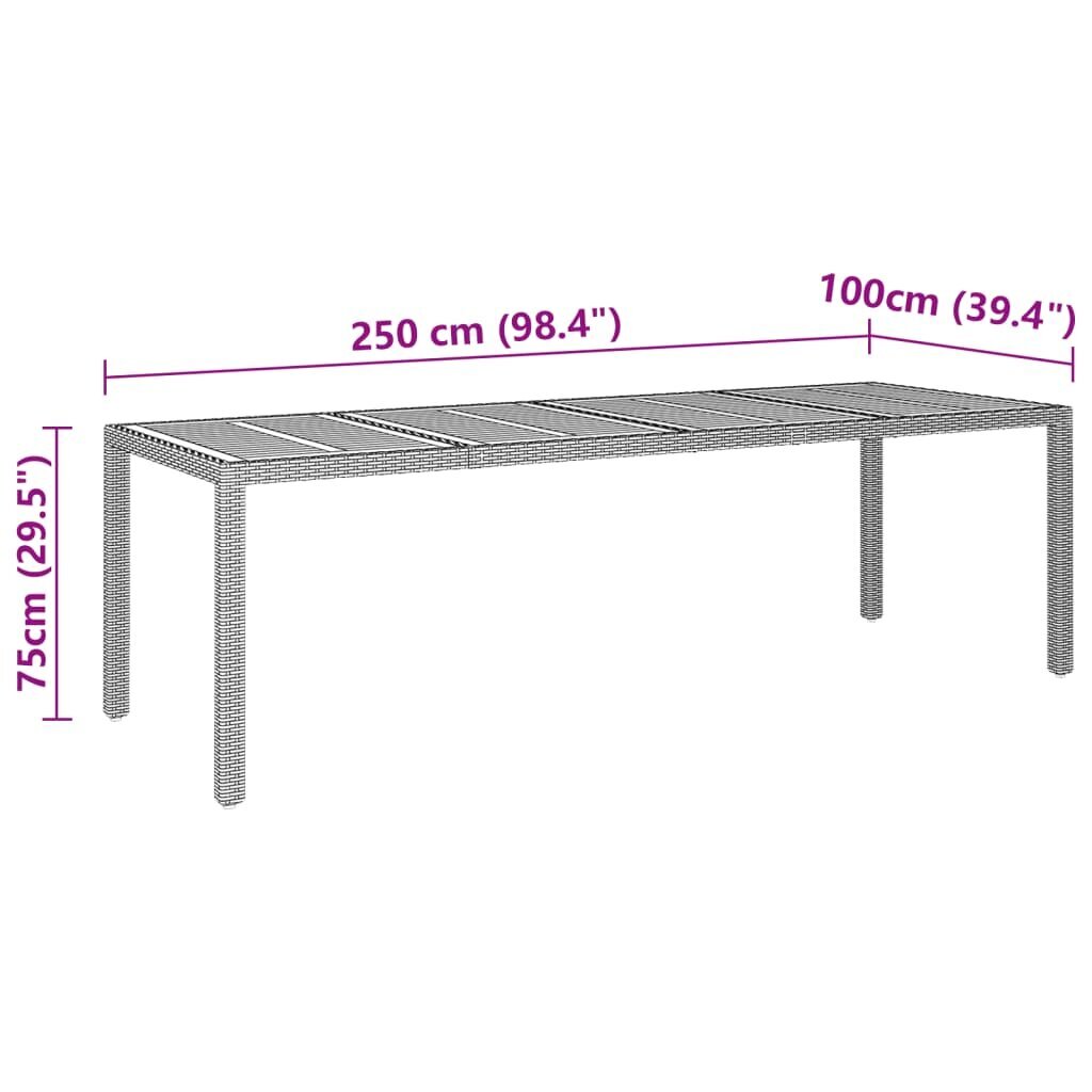 vidaXL āra galds, 250x100x75 cm, pelēka PE rotangpalma, akācijas koks цена и информация | Dārza galdi | 220.lv