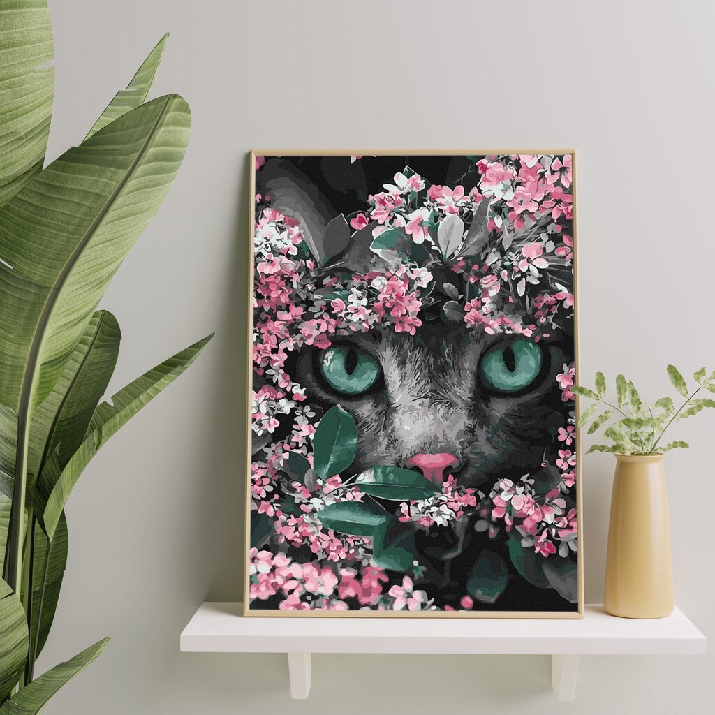 Glezna pēc numuriem, ierāmēta "Kaķis ziedos" Oh Art! 40x50 cm цена и информация | Gleznas pēc numuriem | 220.lv