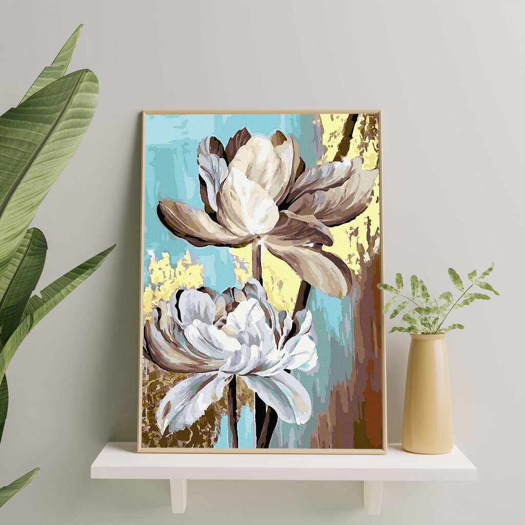 Glezna pēc numuriem ar zelta spīdumu krāsu, ierāmēta "Balti ziedi" Oh Art! 40x50 cm цена и информация | Gleznas pēc numuriem | 220.lv