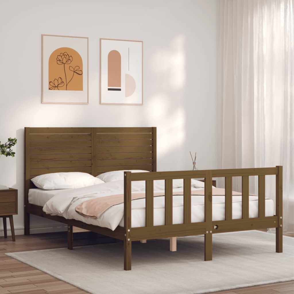 vidaXL gultas rāmis ar galvgali, 120x200 cm, masīvkoks, medus brūns cena un informācija | Gultas | 220.lv