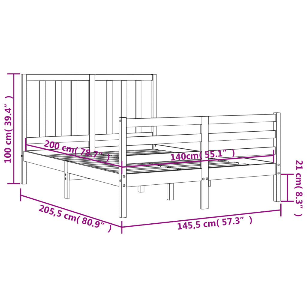 vidaXL gultas rāmis ar galvgali, 140x200 cm, masīvkoks, balts cena un informācija | Gultas | 220.lv