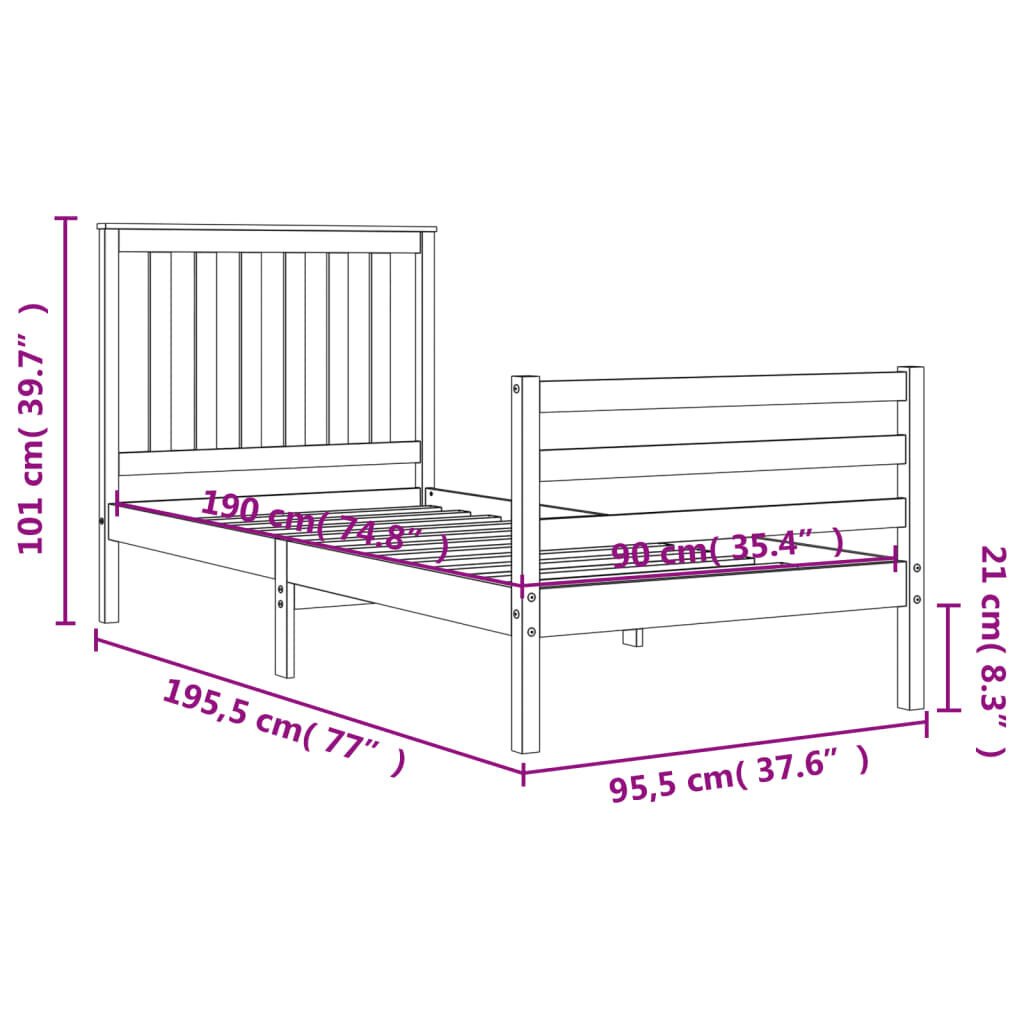 vidaXL gultas rāmis ar galvgali, 3FT, vienvietīgs, masīvkoks cena un informācija | Gultas | 220.lv