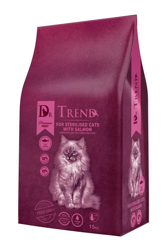 Dr. TREND. Sausā barība sterilizētiem kaķiem ar lasi15 kg cena un informācija | Sausā barība kaķiem | 220.lv