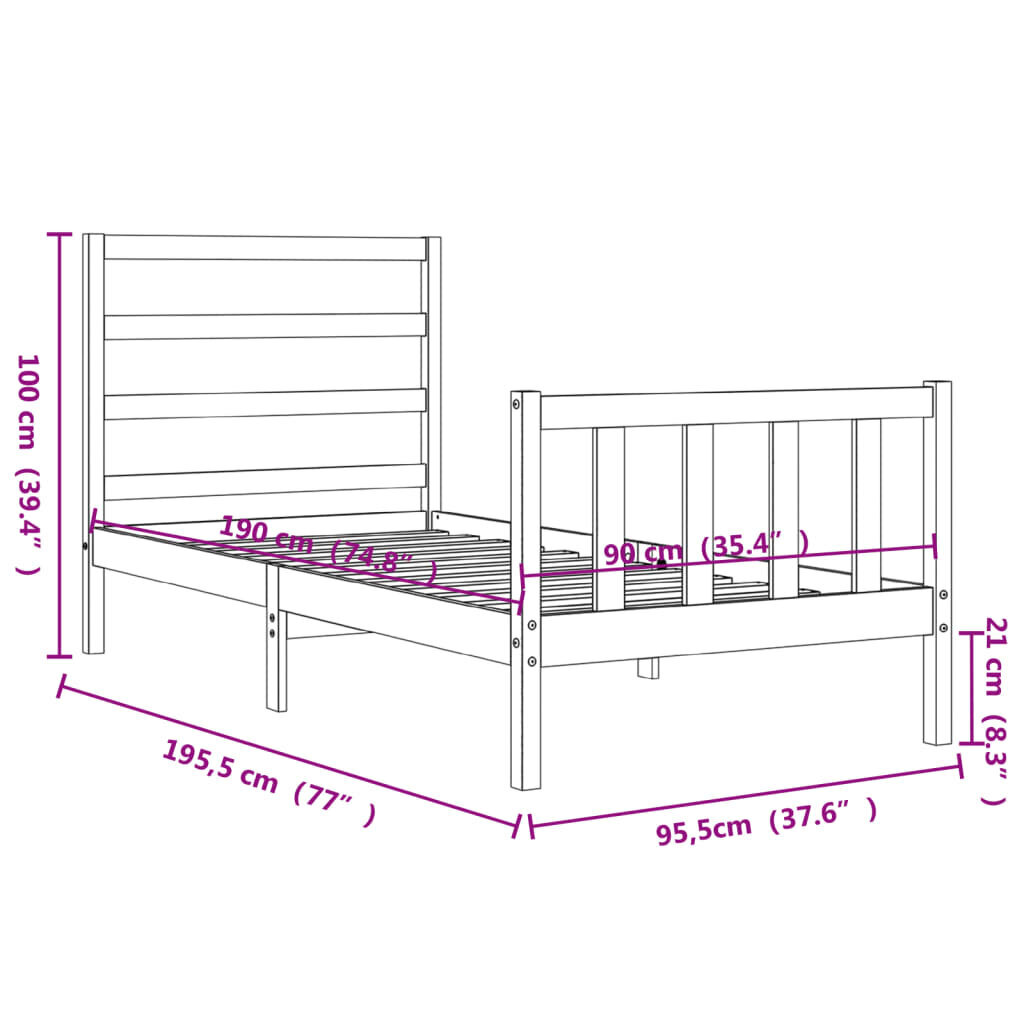 vidaXL gultas rāmis ar galvgali, 90x190 cm, masīvkoks cena un informācija | Gultas | 220.lv