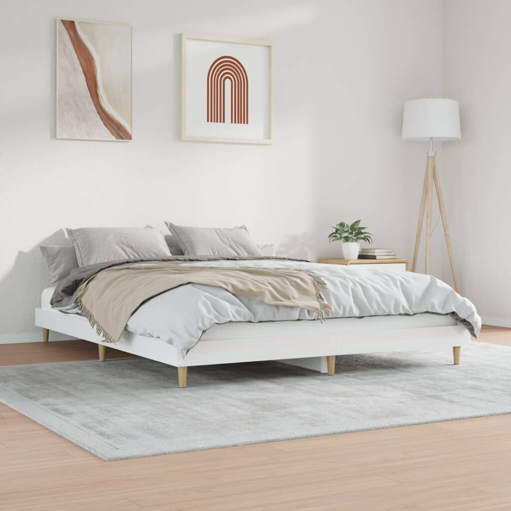 vidaXL gultas rāmis, spīdīgi balts, 200x200 cm, inženierijas koks cena un informācija | Gultas | 220.lv