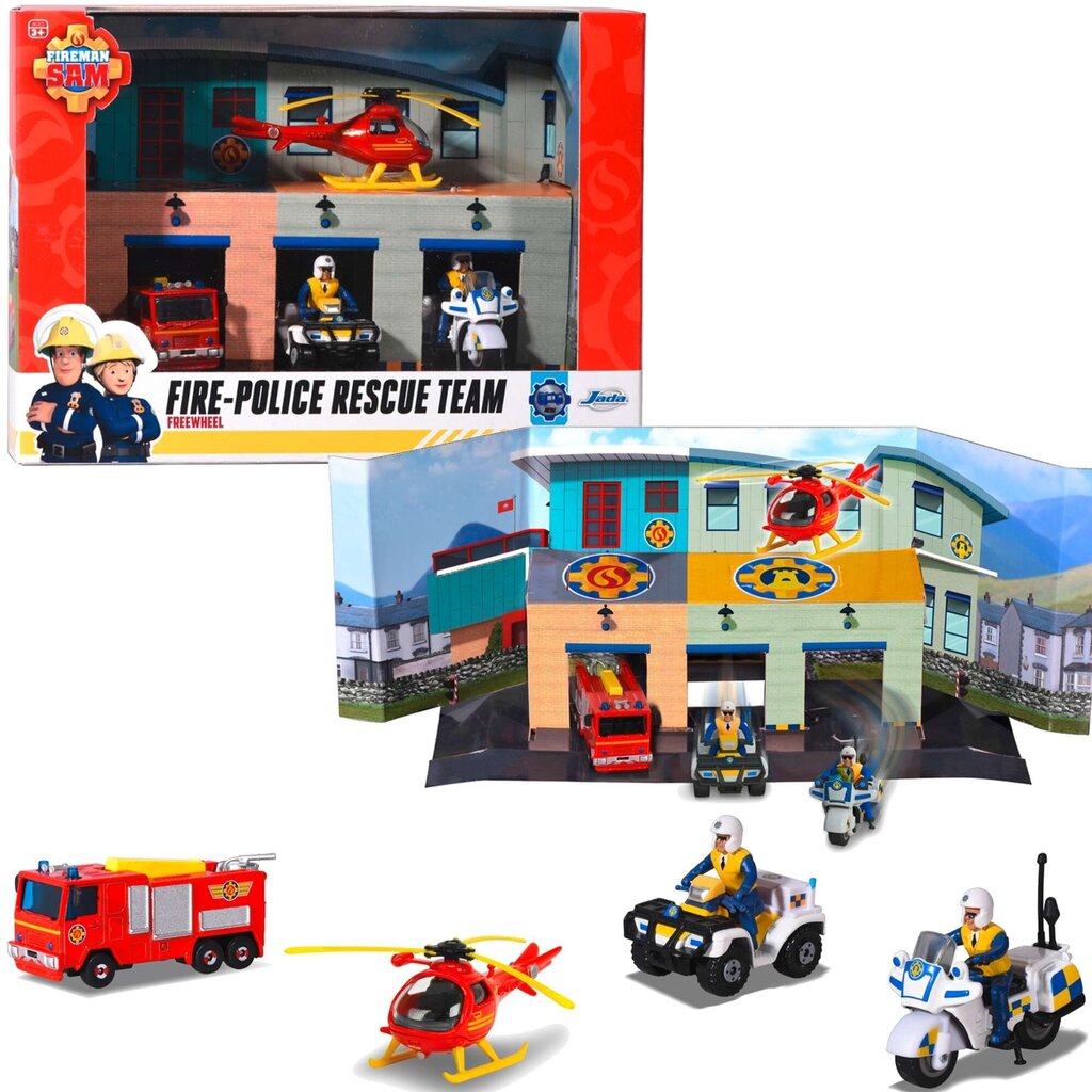 Glābšanas 4 transportlīdzekļu komplekts Fireman Sam un garāžas bāze цена и информация | Rotaļlietas zēniem | 220.lv