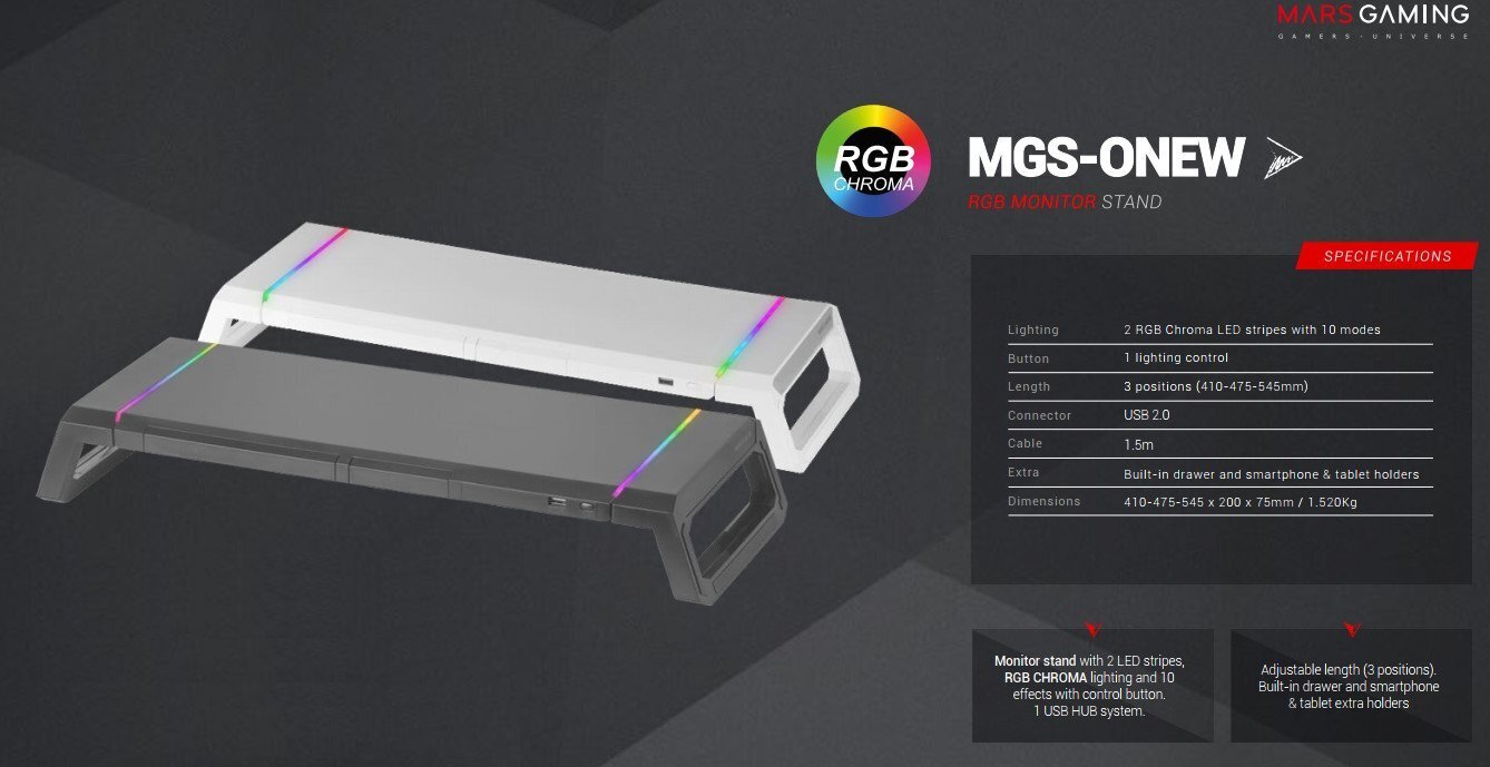 MARS GAMING MGS-ONE Monitora statīvs Chroma RGB / USB 2.0 cena un informācija | Portatīvo datoru dzesēšanas paliktņi un citi piederumi | 220.lv