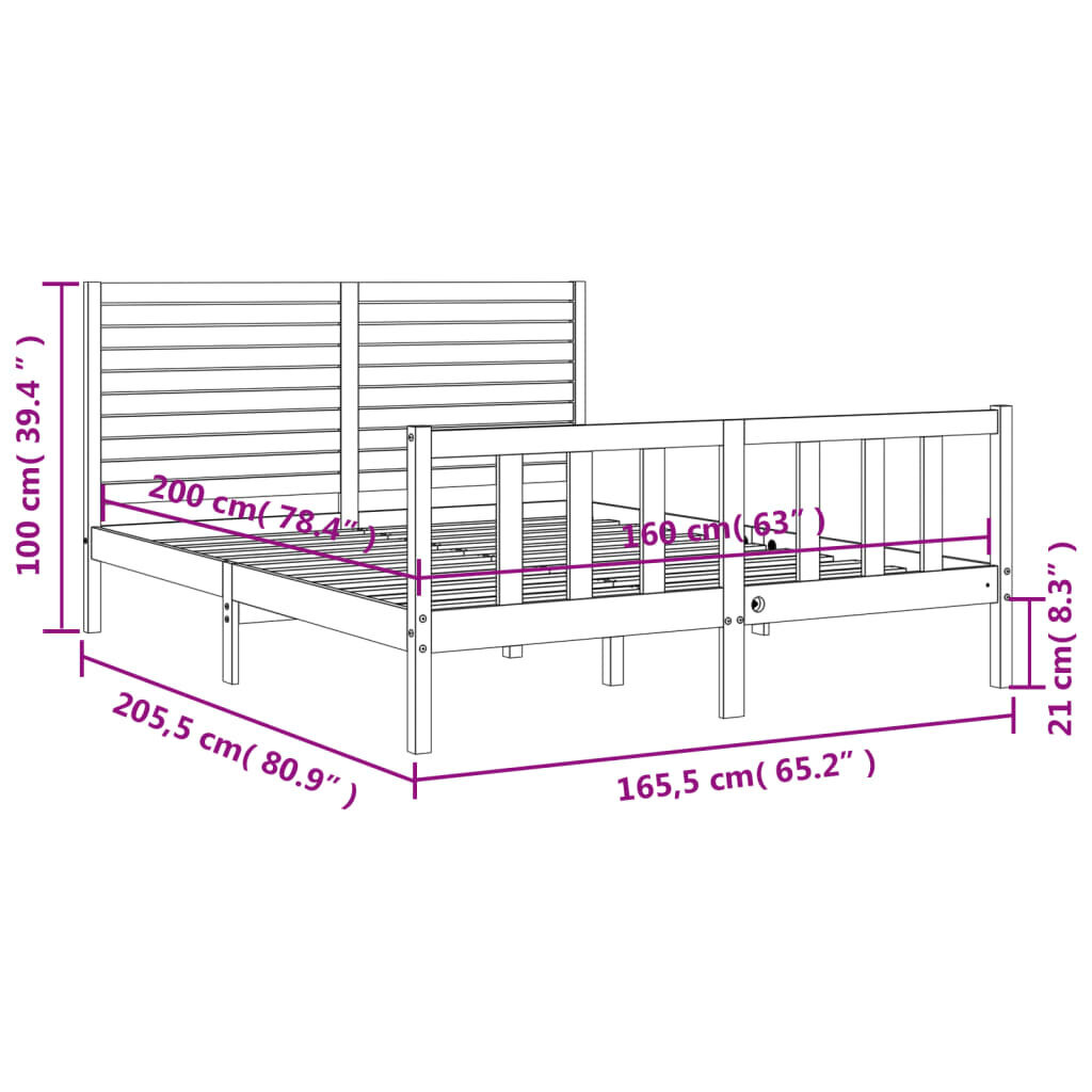 vidaXL gultas rāmis ar galvgali, 160x200 cm, masīvkoks, melns cena un informācija | Gultas | 220.lv