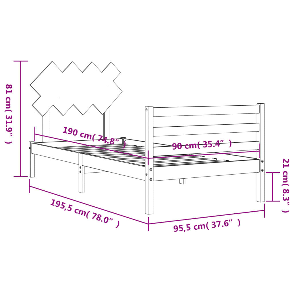 vidaXL gultas rāmis ar galvgali, 3FT, vienvietīgs, masīvkoks cena un informācija | Gultas | 220.lv