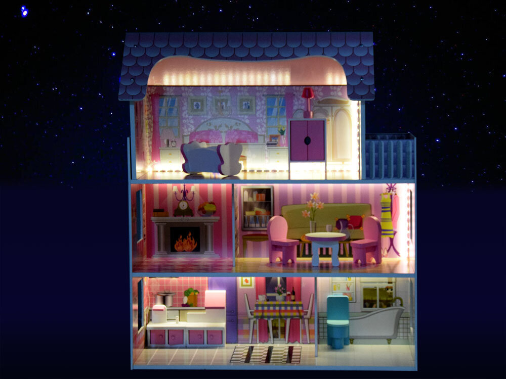 Leļļu māja ar LED apgaismojumu cena un informācija | Rotaļlietas meitenēm | 220.lv
